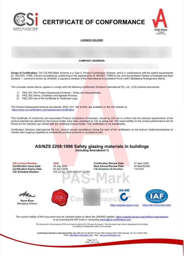 AS/NZS 2208 Safety Glazing Certificate CSi PAS-Mark