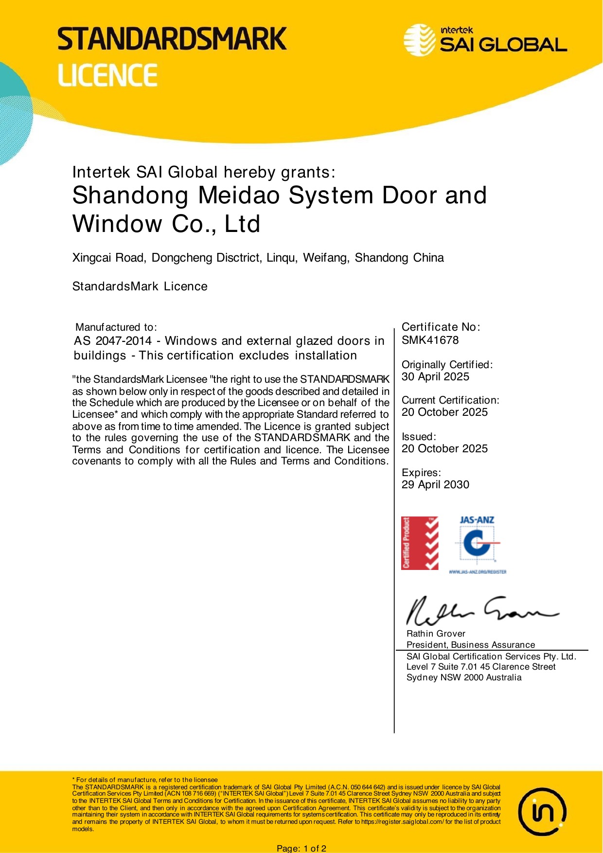 AS 2047 StandardsMark Licence SMK41678 by Intertek SAI Global